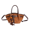 Braune matte Wildleder-Tragetasche mit Vintage-Holzperlen und Schulterriemen - Wildleder Braun