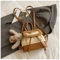 Detail view of mini backpack featuring contrast leather, faux fur trim, and bunny charm - Off-white With Pendant
