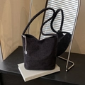 Classic black corduroy shoulder bucket bag with stylish silver metal chain detail - Black
