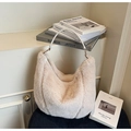 Chic cream faux fur hobo shoulder bag with white leather handle and gold hardware detail - Beige