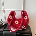 Sac hobo d'hiver en peluche rouge avec motifs de fleurs blanches douces - Rouge