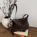 Vintage dark brown tote bag with leather belt detail and leopard print heart charm - With Charm / Brown