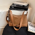 Vintage brown suede tote bag with decorative buckle straps and heart mirror charm - With Charm / Brown