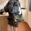 Vintage dark green canvas tote bag with heart pendant and plush charm on shoulder strap - With Charm / Green
