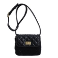 Quilted black crossbody bag featuring mixed textures and a gold metal twist lock - Black Large