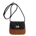 Retro bicolor quilted shoulder bag in black and brown matte leather with gold lock - Yellow Brown Large
