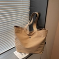 Bolso tote minimalista de lona caqui de gran capacidad con correa larga y logo - Caqui