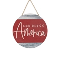Targa rotonda in legno per l'Indipendenza con scritta 'God Bless America' e bandiera - Stile God Bless America Sfondo Rosso (B)