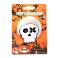 Spilla a teschio luminosa di Halloween su cartoncino decorativo arancione a tema - Stile Scheletro XO di Halloween