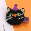 Pinza para el pelo gato negro Halloween con sombrero de bruja morado y ojos de purpurina verde - Pinza para el Cabello de Gatito de Halloween
