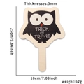 Detailed view of Halloween owl wooden sign showing dimensions 25cm by 18cm with Trick or Treat text - Owl Style / Handheld Sign