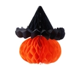 Halloween Hängedeko mit orangefarbenem Wabenkürbis und schwarzem Hexenhut Dekor - Kürbishut Wabenanhänger