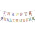Regenbogen Halloween Girlande mit Skelett Anhängern für die Party Wanddekoration - Laser Regenbogen / Dieses Produkt Ist Ein Set Aus Halloween-buchstabenbannern. Es Besteht Aus Den Farbenfrohen Buchstaben „happy Halloween“ In Farbverlauf Und Vier Kleinen Totenkopffiguren In Bunten Gestreiften Kostümen. Das Design Ist In Einem Farbverlauf Von Macarons Gehalten (rosa Gelb Lila Grün Blau) Und Das Material Wirkt Wie Pappe Oder Filz. Die Buchstaben Sind Mit Dünner Weißer Schnur Zusammengebunden Und Eignen Sich Ideal Als Dekoration Für Halloween-partys In Innenräumen.