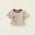 Kinder Regenbogen T-Shirt mit Cartoon-Patches und rotem Rundhals-Kurzarm für Mädchen - 80 / Mehrfarbige Geometrische Streifen