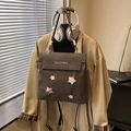 Frosted coffee brown large capacity backpack with vintage star patches and woven handle - No Pendant / Brown
