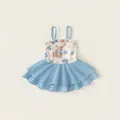 Mädchen hellblauer Badeanzug mit Teddybär-Print, Blumenmuster und Rüschenrock - 80 / Blau