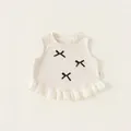 Cream white cotton baby tank top with black bows and decorative lace hem detail - 80 / Apricot