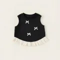 Girls black sleeveless knit top with white bows and lace hem patchwork detail - 80 / Black