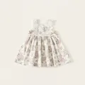 Floral sleeveless girls' dress in beige with pink roses, lace trim and purple bows - 80 / Bottoms / Pink