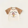 Kinder T-Shirt mit Raglanärmeln, süßem Mädchen-Aufdruck und braunen Kontrastärmeln - 80 / Aprikose + Kaffee