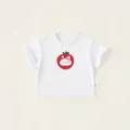 White cotton t-shirt for girls featuring a cute red strawberry and rabbit graphic print - 80 / White