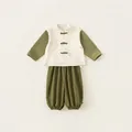 Ensemble chinois traditionnel pour garçons vert sauge et beige avec motif bambou - 90 / Blanc cassé + Vert
