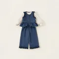 Completo denim 3 pezzi bambina con gilet a balze, pantaloni larghi e camicia bianca - Blu / 80