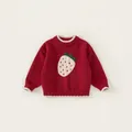 Pull en tricot rouge pour fille avec jacquard fraise blanc et finitions côtelées crème - 80 / Rouge