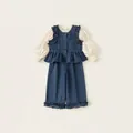 Completo denim 3 pezzi da bambina con gilet a volant, camicia bianca e pantaloni larghi - Blu Denim / 130