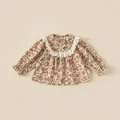 Girl's long-sleeve floral blouse with delicate lace collar and elastic frill cuffs - 80 / Orange Floral