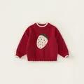 Roter Mädchen-Strickpullover mit großem Erdbeer-Motiv und weichen Kontrast-Bündchen - Rot / 80