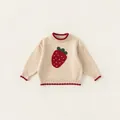 Mädchen Strickpullover in Beige mit Erdbeermuster und roten gerippten Bündchen - Aprikose / 80