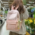 Detailed view of pink school backpack with star patterns and rainbow plush pendant - Pink with Pendant