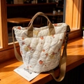 Quilted white tote bag with cute bear pumpkin pattern and brown adjustable strap - Persimmon