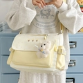 Cream and yellow canvas messenger bag with cute bear print and plush charm pendant - With Charm / Yellow