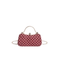 Retro burgundy velvet polka dot box bag with gold metal handle and rhinestone clasp - Red