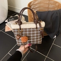 Sac seau en laine à carreaux gris et marron avec bordure en peau lainée et pompon doux - Avec Pendentif / Treillis Café