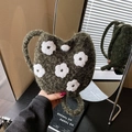 Dark green plush bucket bag with white floral embroidery and soft knit handle - Green