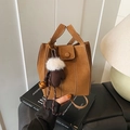 Brown suede-like shoulder bucket bag with fashion pendant and logo detail - Brown with Pendant