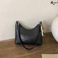 Minimalist black vintage leather bucket bag with colorful bead charm and textured finish - Black (with Pendant)