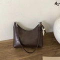 Deep brown matte faux leather crescent bucket bag with elegant beaded charm detail - Coffee (With Pendant)