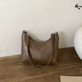 Minimalist brown bucket bag in vintage faux leather with silver metal accents - Brown (Without Pendant)