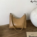 Minimalist khaki matte leather bucket bag with silver metal hooks and slim strap - Yellow-Brown (Without Pendant)