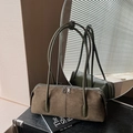 Minimalist olive green suede pillow bag with smooth leather trim and double zipper detail - Green