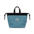 Detail of waterproof nylon tote with color-blocking design and drawstring closure - Cyan