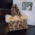 Faux fur leopard print tote bag with plush beige trim and matching carry handle - Khaki