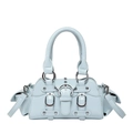 Close-up of light blue patent leather bag with silver rivets and metallic buckles - 7.5cm*20cm*11cm / Blue