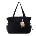 Große schwarze Cord-Einkaufstasche mit Kordelzug und süßem Kaffeetassen-Plüschanhänger - Tasche mit Anhänger / Schwarz