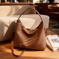 Brown woven leather hobo bag with adjustable long shoulder strap and large capacity - Brown