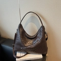 Dark brown woven leather hobo bag with large capacity and adjustable shoulder strap - Coffee